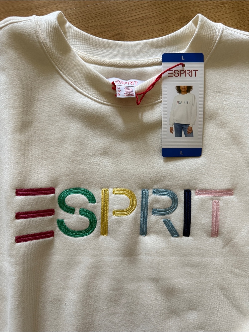 NWT Esprit White Sweatshirt with Pastel Multicolor Logo- Cream - Picture 2 of 3